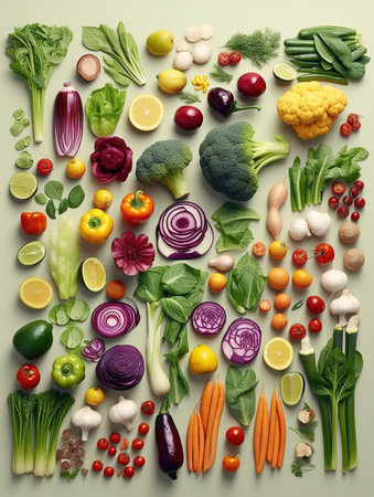 Vegetables and fruits background. Healthy food concept. Top view.の素材