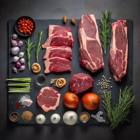 Raw pork meat with ingredients for cooking on black background, top viewの素材