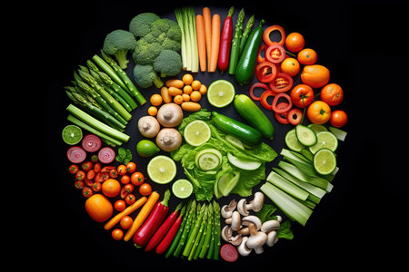 Composition of fresh vegetables on a black background. Top view.の素材