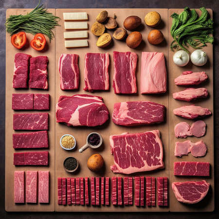 Raw meat with vegetables and spices on a cutting board. Top view.の素材