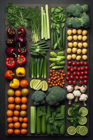 Fresh vegetables and fruits on black background. Healthy eating concept. Top view.の素材