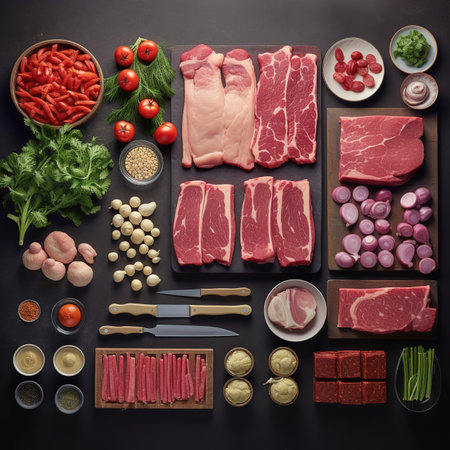 Meat products on a black background. Top view, flat lay.の素材