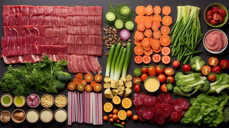 Top view of ingredients for japanese soup with vegetables on black backgroundの素材
