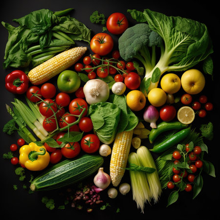 Variety of fresh organic vegetables on black background. Top view.の素材