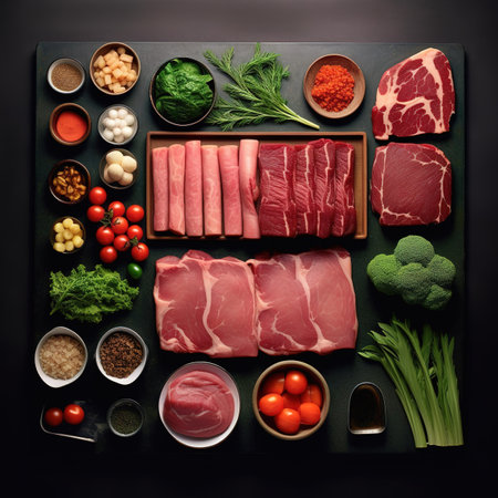 Raw pork meat with vegetables and spices on black background, top viewの素材