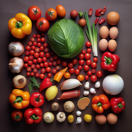 Composition with fresh organic vegetables on brown background. Top view.の素材