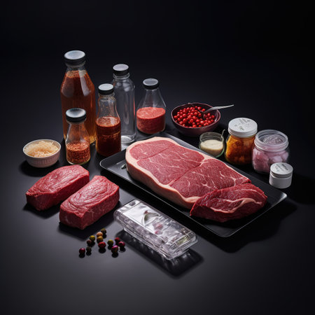 Raw beef steak with spices and condiments on a black background.の素材