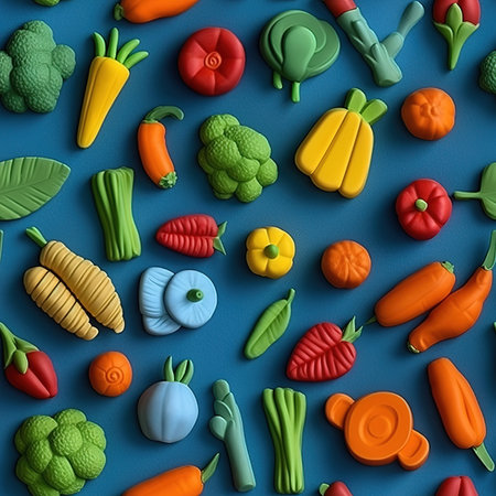 Creative pattern made of vegetables on blue background. Flat lay.の素材