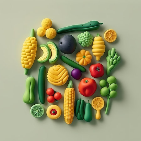 Funny fruits and vegetables made of clay. illustration art.の素材
