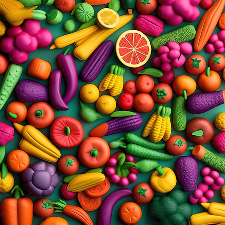 Funny fruits and vegetables made of clay. illustration art.の素材