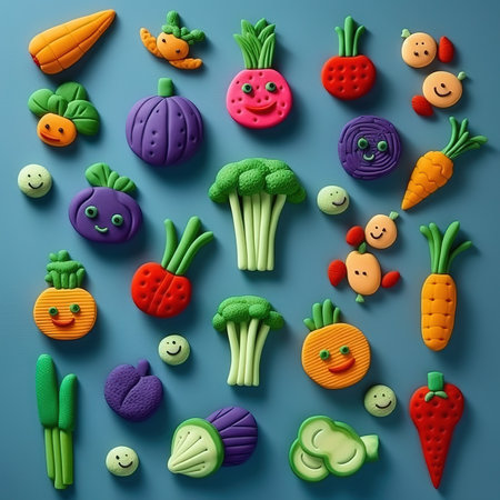 Funny fruits and vegetables made of clay. illustration art.の素材