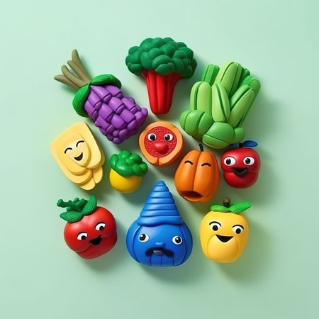 Funny fruits and vegetables made of clay. illustration art.の素材