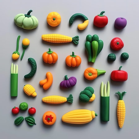 Funny fruits and vegetables made of clay. illustration art.の素材