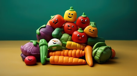 Funny fruits and vegetables made of clay. illustration art.の素材