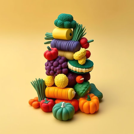 Funny fruits and vegetables made of clay. illustration art.の素材