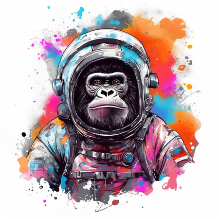 Astronaut dog wearing space helmet on grunge watercolor background. illustration art.の素材