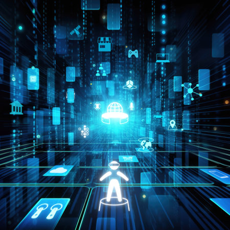 Digital business background image with media icons on media screen.の素材