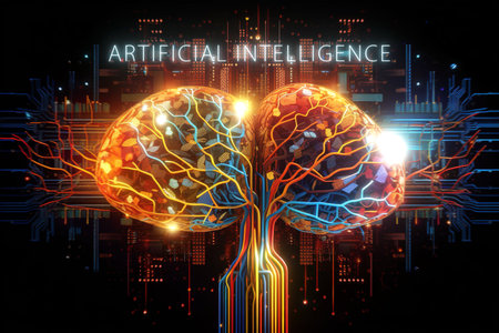 Digital illustration of brain in color background with binary code and connection lines.の素材