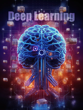 Digital illustration of brain in color background with binary code and connection lines.の素材