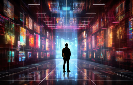 Silhouette of a businessman standing in front of a futuristic backgroundの素材