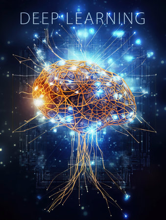 Digital illustration of brain in color background with binary code and connection lines.の素材