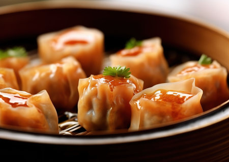 Siu Mai - Chinese steamed pork dumplings in bamboo steamers. Dim Sumの素材