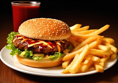 Burger, fries and coke on the table.の素材