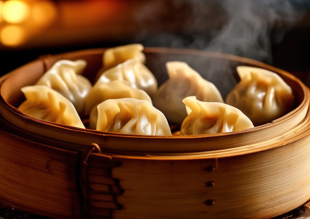 Steamed dumplings with hot water vapor in bamboo steamer.の素材