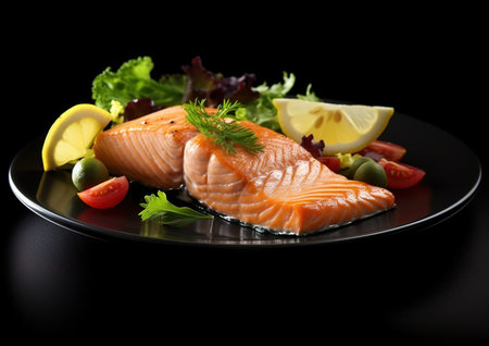 grilled salmon steak with lemon on plate.の素材