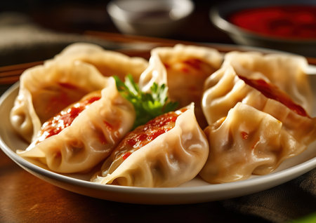 Pan-fried Dumplings on a white plate.の素材