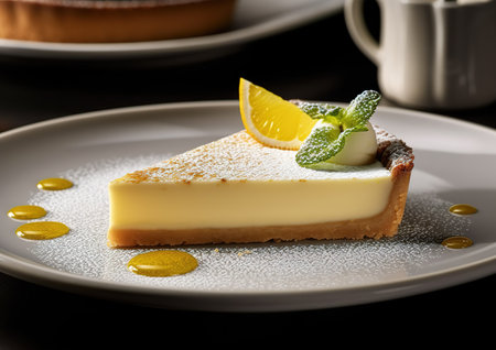 Delicious lemon tart on white plate.の素材