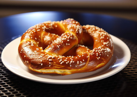 Fresh baked homemade pretzel with sea salt on the plate.の素材