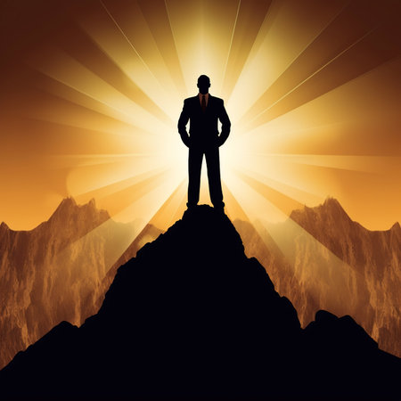 Silhouette of a businessman standing on top of a mountain. illustration art.の素材