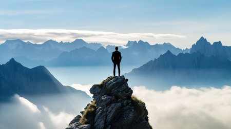 Businessman standing on top of a mountain and look at the beautiful landscapeの素材