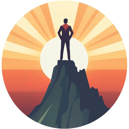 Silhouette of a businessman standing on top of a mountain. illustration art.の素材