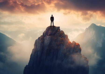 Businessman standing on top of a mountain and look at the beautiful landscapeの素材