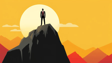 Silhouette of a businessman standing on top of a mountain. illustration art.の素材