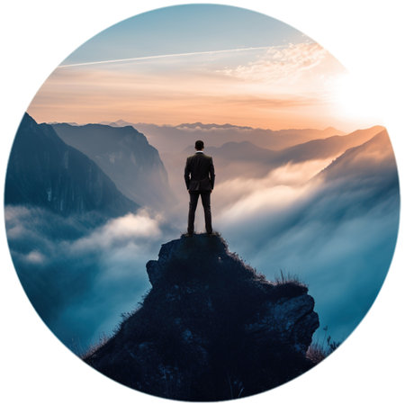 Businessman standing on top of a mountain and looking into the distanceの素材