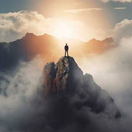 Businessman standing on top of a mountain and look at the beautiful landscapeの素材