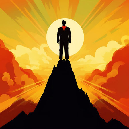 Silhouette of a businessman standing on top of a mountain. illustration art.の素材