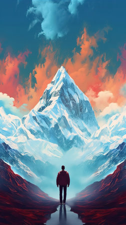 climber standing on top of a snow mountain and looking into the distance. watercolor painting.の素材