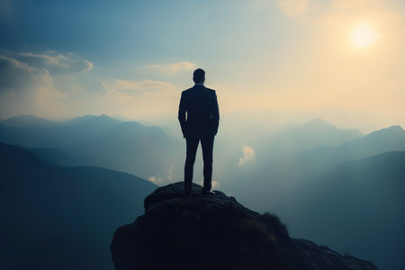Businessman standing on top of a mountain and look at the beautiful landscapeの素材
