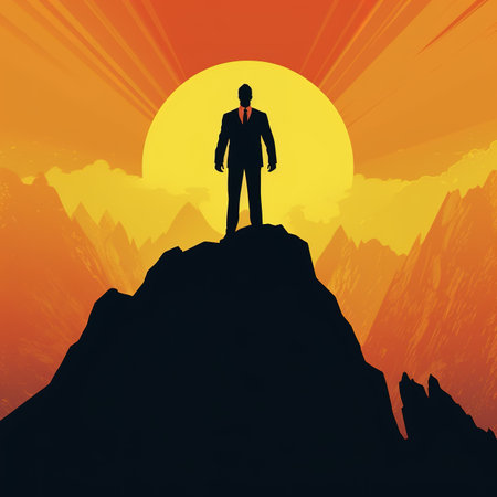 Silhouette of a businessman standing on top of a mountain. illustration art.の素材
