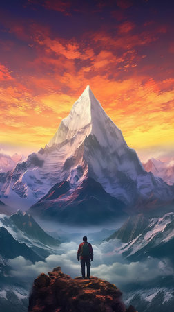 climber standing on top of a snow mountain and looking into the distance. watercolor painting.の素材