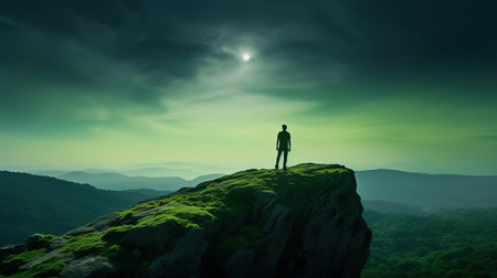 climber standing on top of a mountain and looking into the distance.の素材