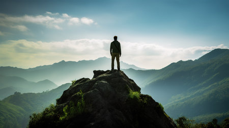 climber standing on top of a mountain and looking into the distance.の素材