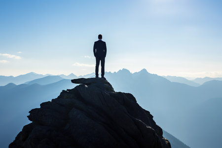 Businessman standing on top of a mountain and look at the beautiful landscapeの素材