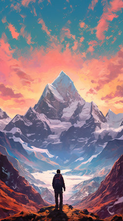 climber standing on top of a snow mountain and looking into the distance. watercolor painting.の素材