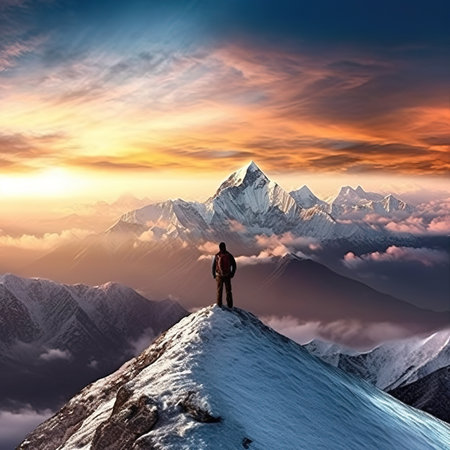 climber standing on top of a snow mountain and looking into the distance.の素材