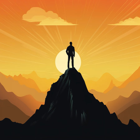 Silhouette of a businessman standing on top of a mountain. illustration art.の素材
